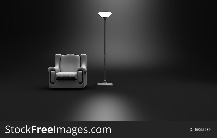 White reading chair in a black background with a white lamp nearby.