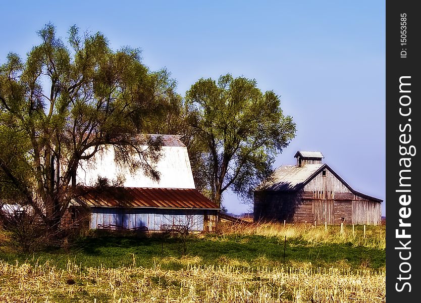 Barn And Corn Crib From Across A Pasture