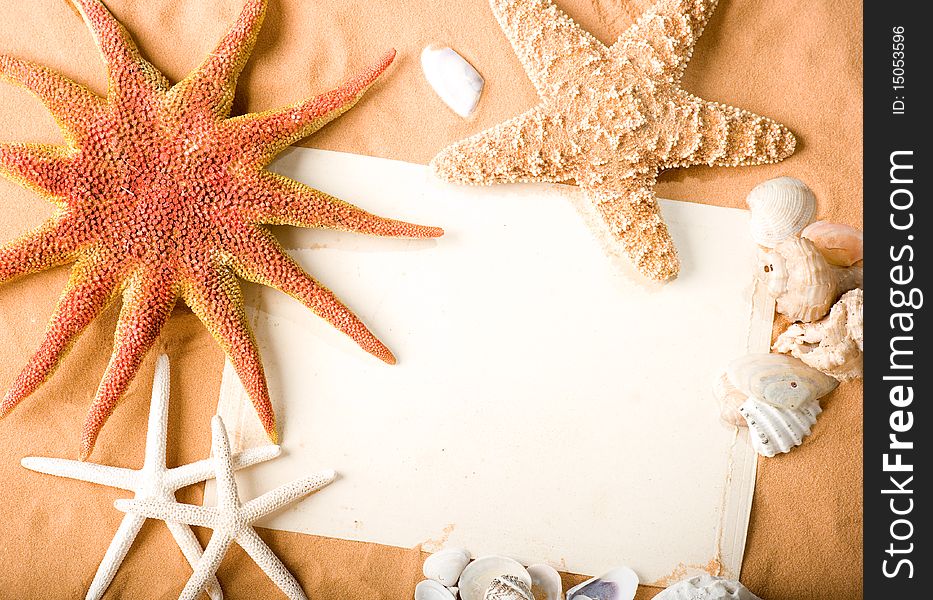 White paper and starfishes on sand background. White paper and starfishes on sand background