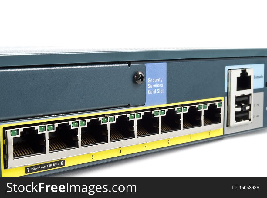 LAN port of a Ethernet firewall with console port, reset and USB. LAN port of a Ethernet firewall with console port, reset and USB