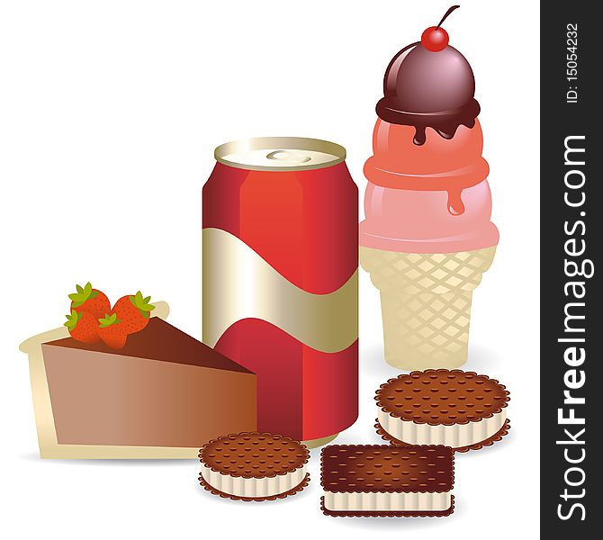 Group of sugar products like chocolate pay, cookies with cream, soda and ice cream with cone. Group of sugar products like chocolate pay, cookies with cream, soda and ice cream with cone
