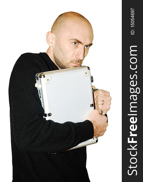 Image of a young man protecting his metal case isolated on white. Image of a young man protecting his metal case isolated on white
