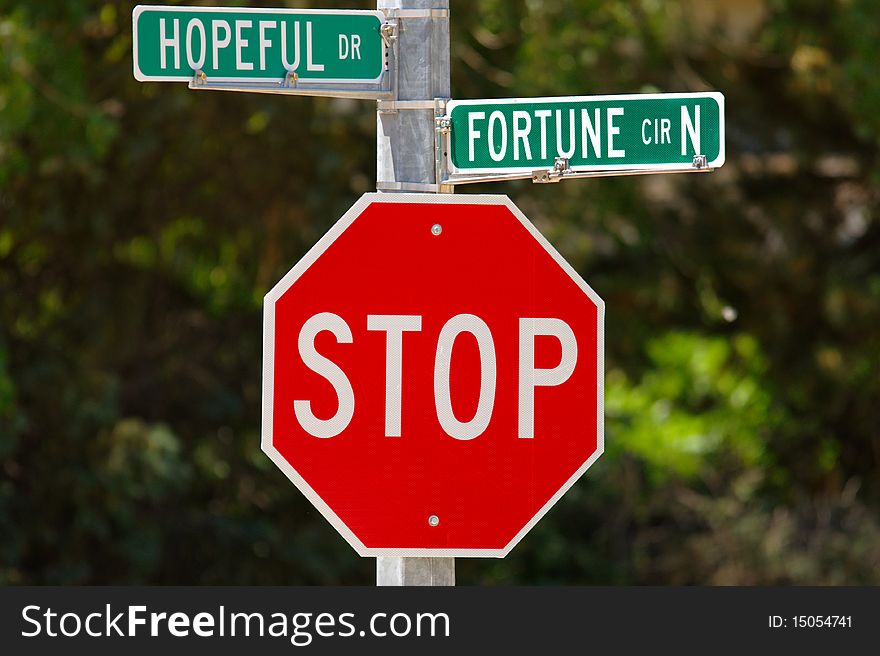 Hopeful Drive and Fortune Circle with stop sign