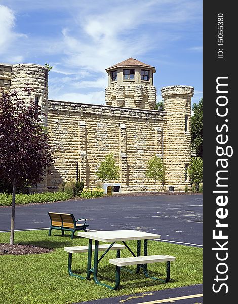 Benches in front of Historic Jail in Joliet, Illinois - suburb of Chicago. Benches in front of Historic Jail in Joliet, Illinois - suburb of Chicago.