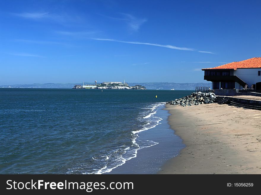 Alcatraz island with ocean.view from San Francisco Marina.