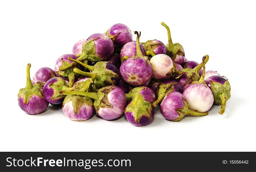 Group of small Egg-plants. Aubergine. Isolated over white.