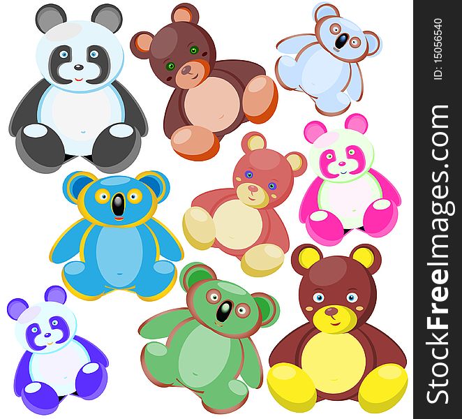 Multi-coloured toys-bears. Vector illustration