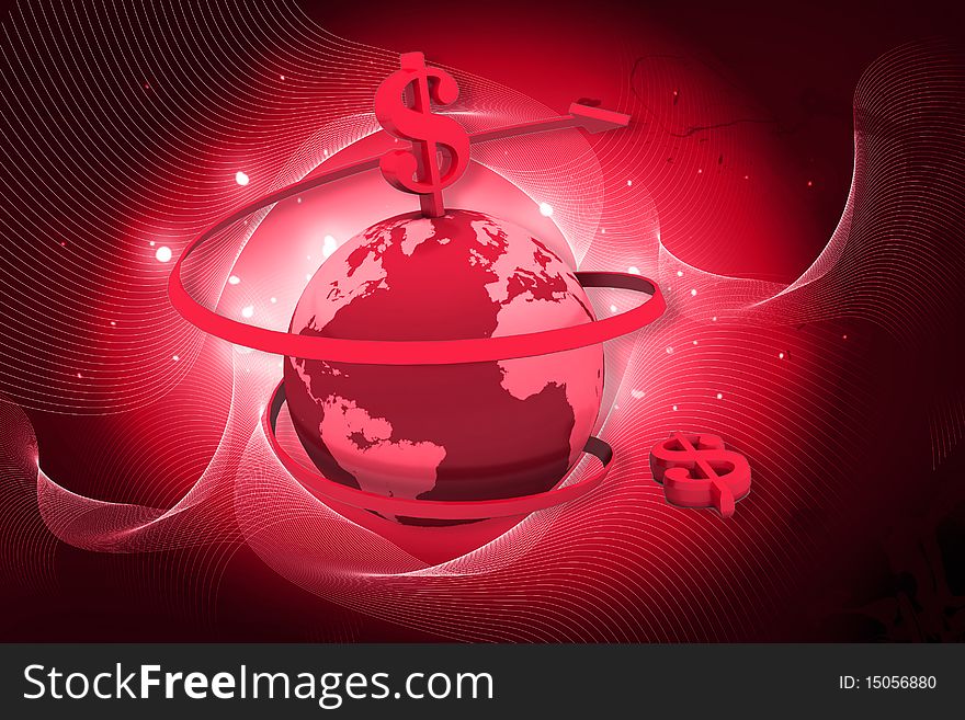 3d rendering of globe and dollar sign rotating arrows in digital color background. 3d rendering of globe and dollar sign rotating arrows in digital color background