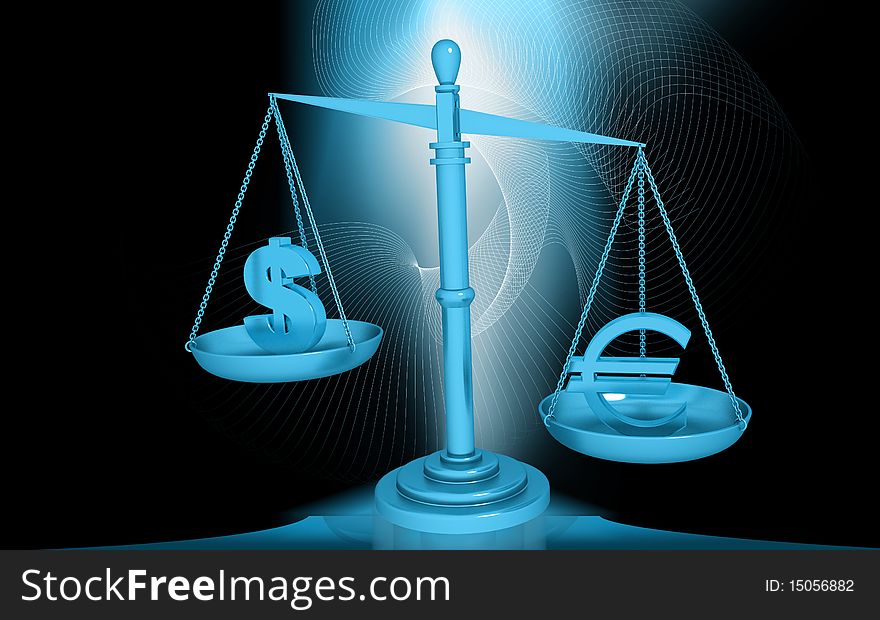 Digital illustration of balancing scale  euro and dollar in color background
