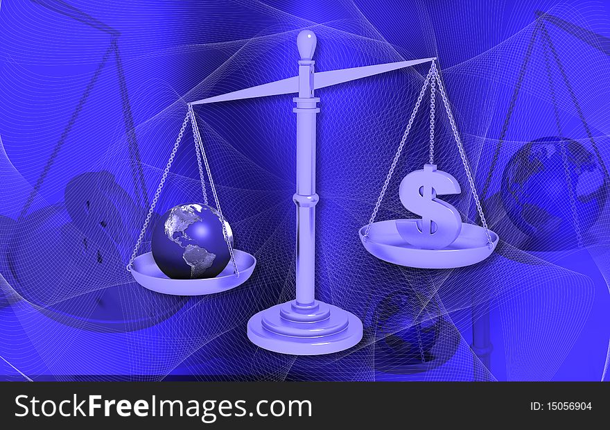 And dollar	Digital illustration of balancing scale  world and dollar in color background. And dollar	Digital illustration of balancing scale  world and dollar in color background