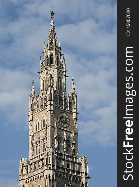 The historic tower of the town hall in Munich in Germany. The historic tower of the town hall in Munich in Germany