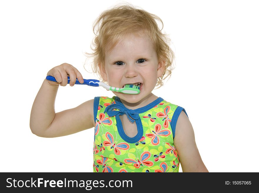 Child insulated on white background, clean teeth by brush. Child insulated on white background, clean teeth by brush