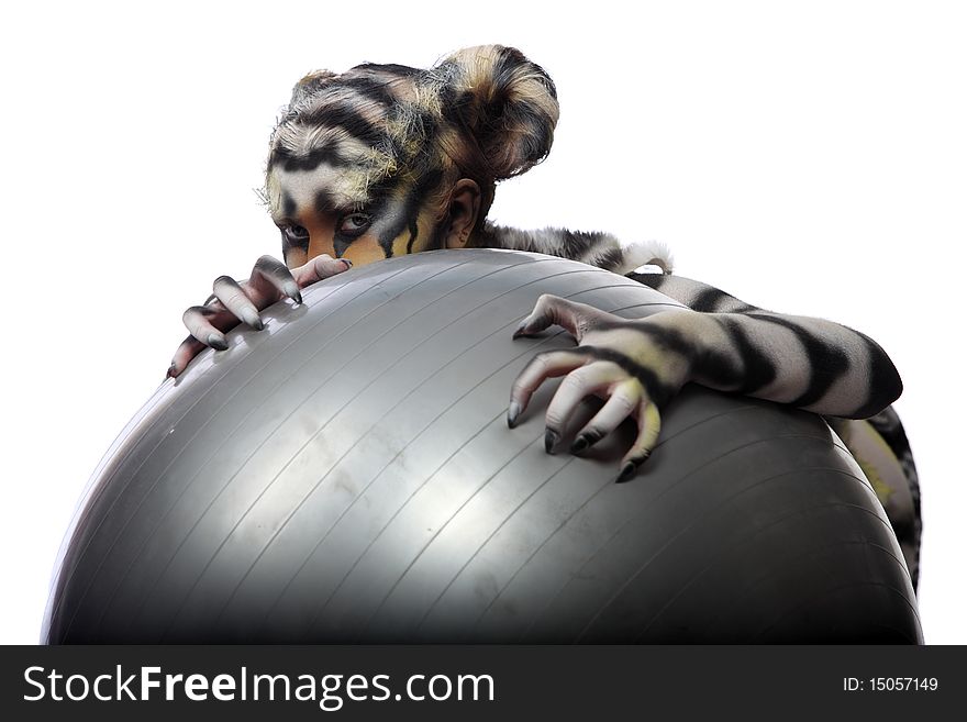 Body-art: White tigress. Studio shot.