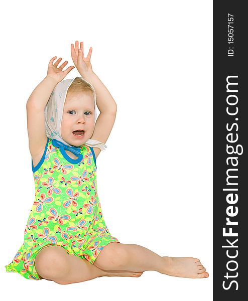 Small girl on white background has raised hands upwards. Small girl on white background has raised hands upwards