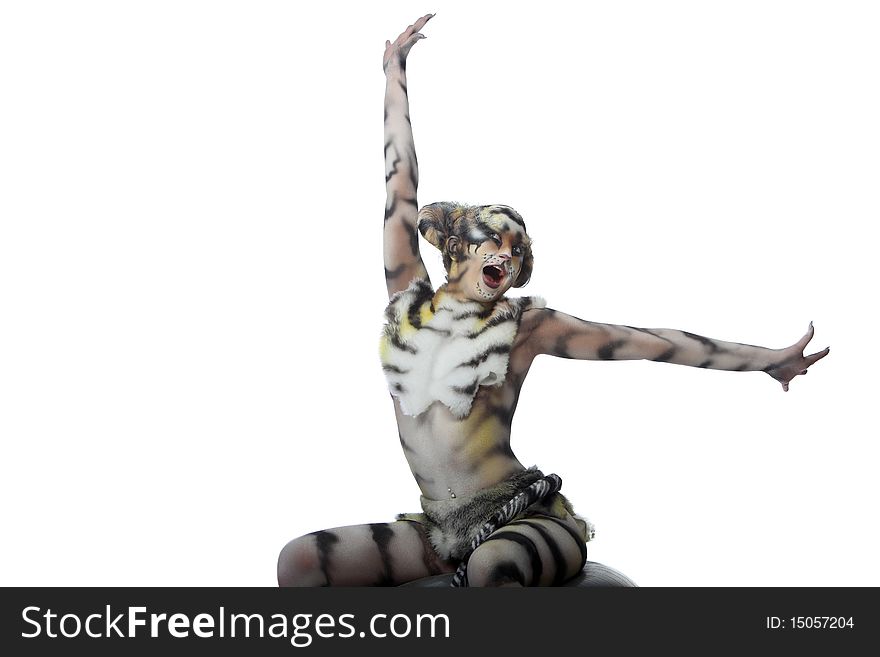 Body-art: White tigress. Studio shot.