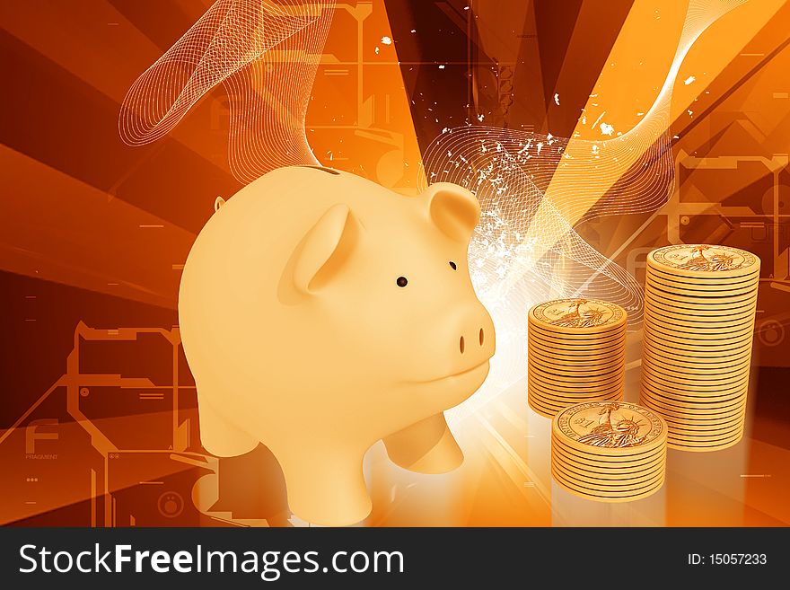 piggy bank with gold coins on color background. piggy bank with gold coins on color background