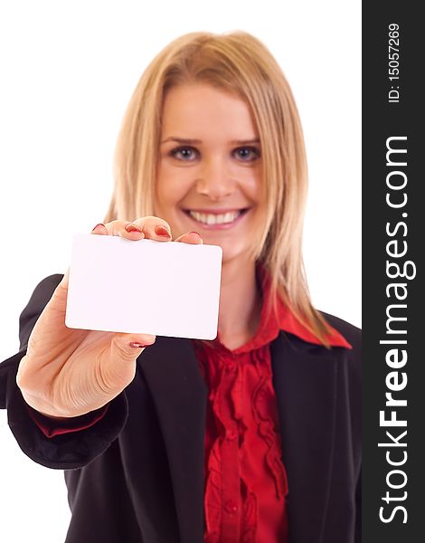 Happy woman with business card over white