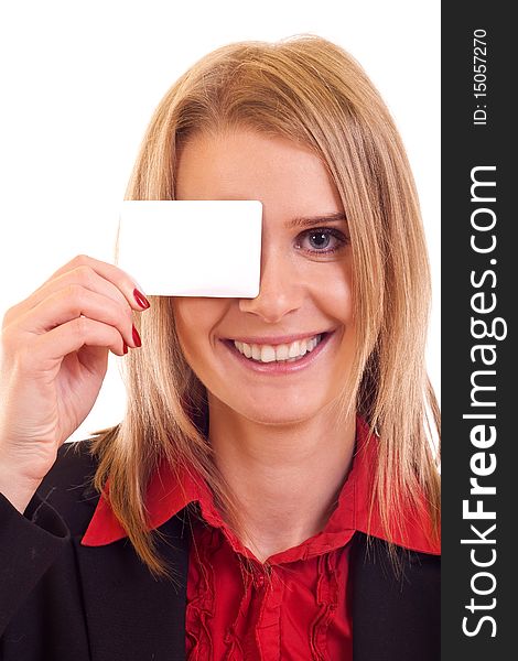 Young business woman holding blank card over her eye