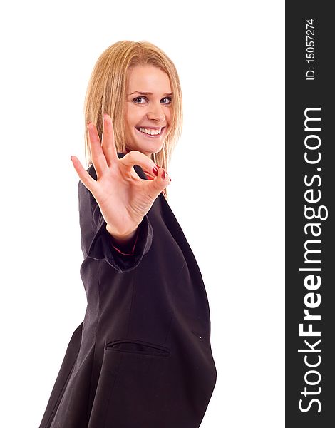 Business woman showing ok sign on white background