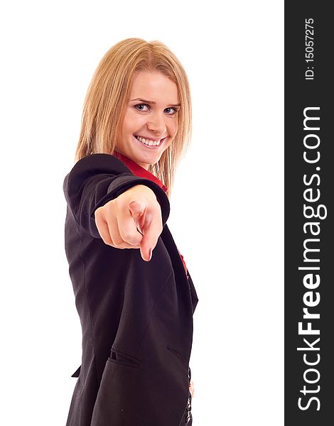 Young beautiful business woman pointing on you on white background