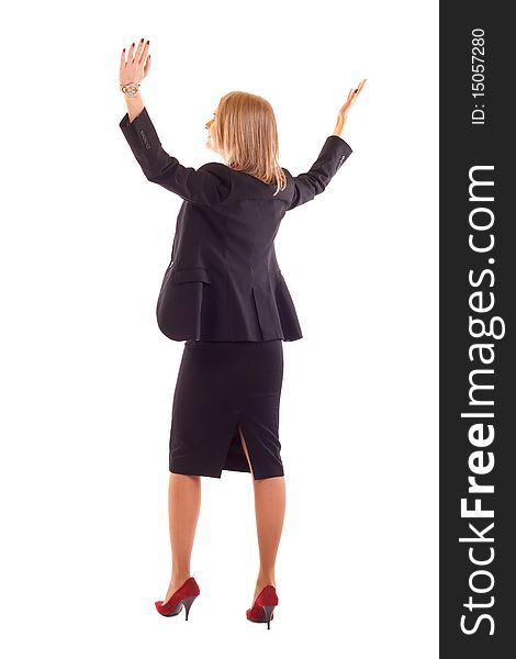 Young business woman with arms raised isolated on white