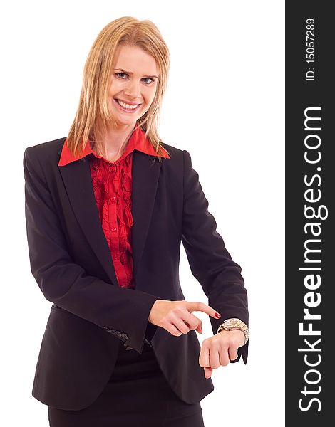 Angry business woman pointing her watch over white