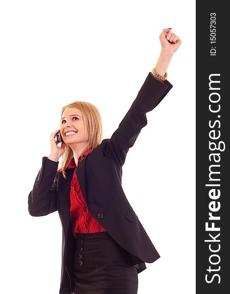 Attractive business woman on the phone winning over white