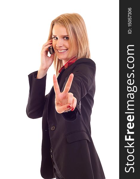 Happy businesswoman with phone and victory gesture, isolated