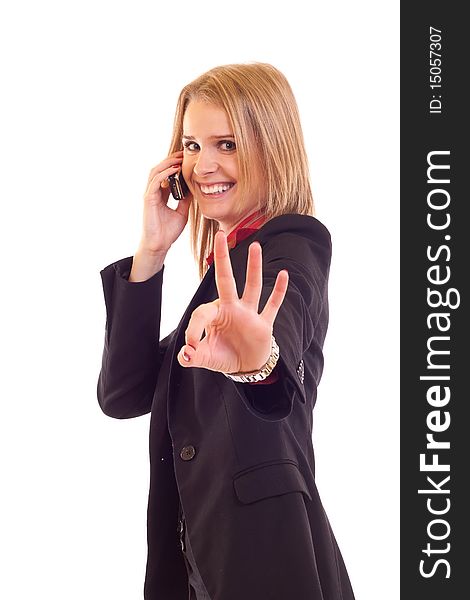 Happy business woman with phone and ok gesture, isolated