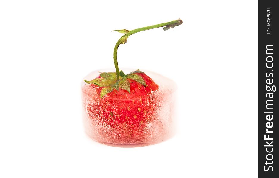 Red appetizing frozen wild strawberry on white background. Red appetizing frozen wild strawberry on white background