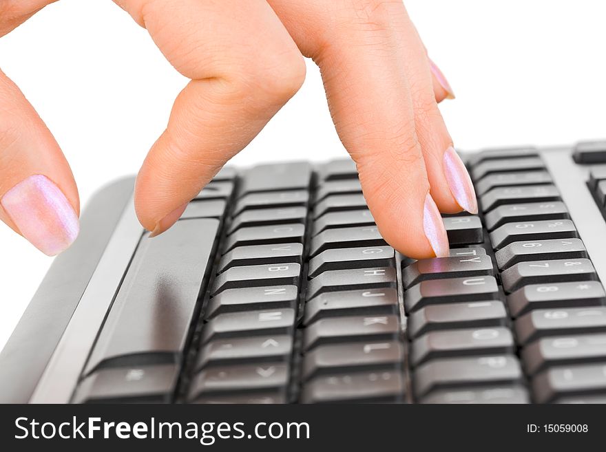 Computer keyboard and hand isolated on white background