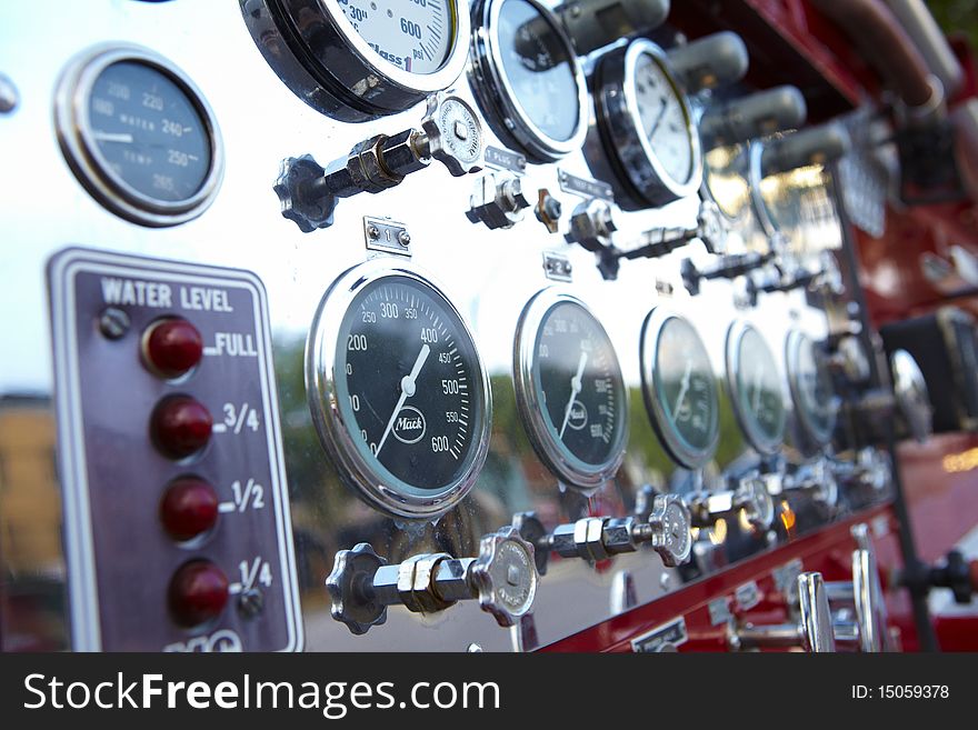 Pressure clocks on a old firetruck . Pressure clocks on a old firetruck
