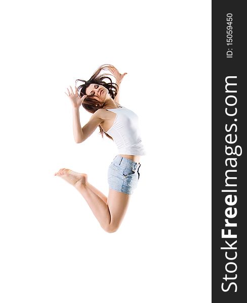 Beautiful jumping girl isolated on white background