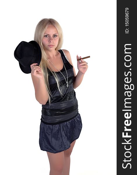 Blond girl with gangster hat and cigar. Blond girl with gangster hat and cigar