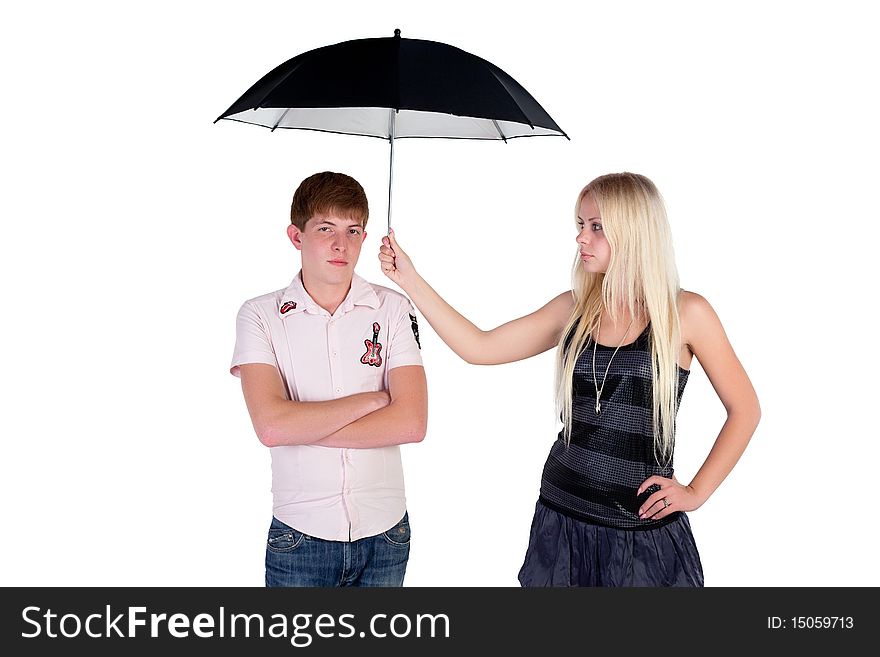 Girl with boy with umbrella on a white background. Girl with boy with umbrella on a white background