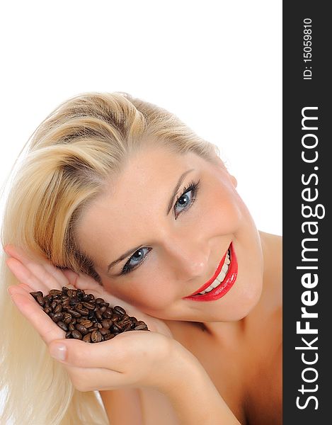 Portrait of pretty woman with coffee beans. isolated on white background. Portrait of pretty woman with coffee beans. isolated on white background