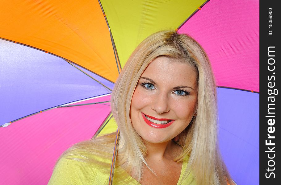 Portrait of pretty autumn woman standing under umbrella. white background