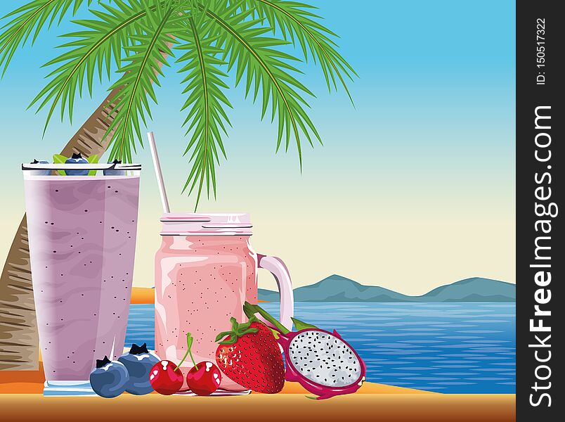Summer drinks and cocktail on beach scenery, tropical fruits juice and vacations cartoons. vector illustration graphic design. Summer drinks and cocktail on beach scenery, tropical fruits juice and vacations cartoons. vector illustration graphic design