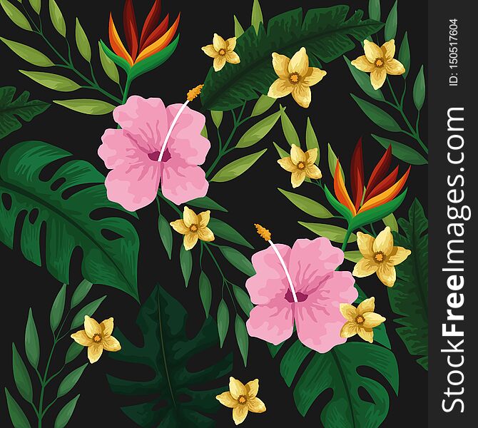 Tropical summer background pattern, leaves and flowers. vector illustration