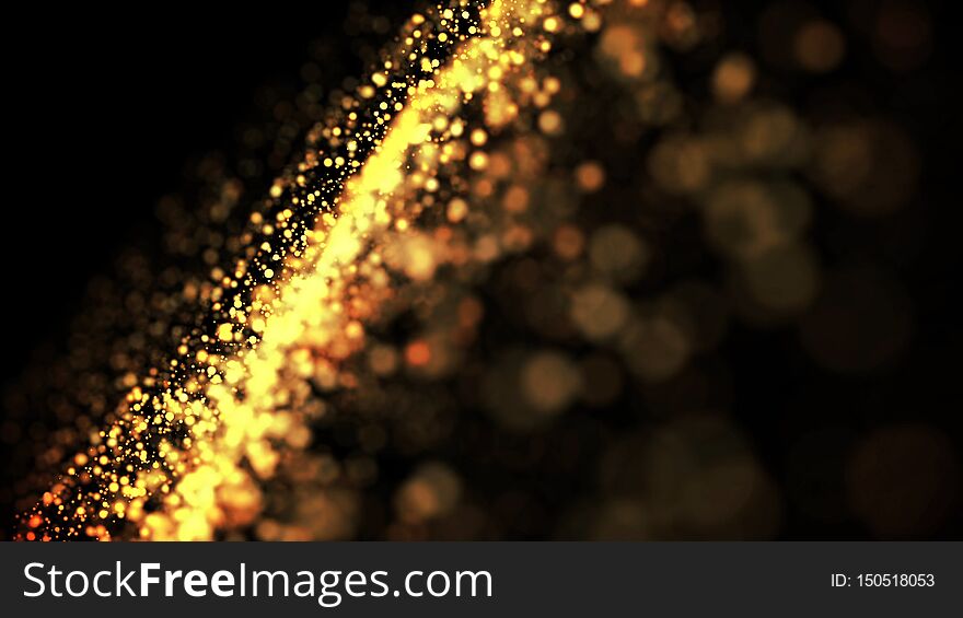 Gold particles glisten in the air, gold sparkles in a viscous fluid have the effect of advection with depth of field and bokeh. 3d render