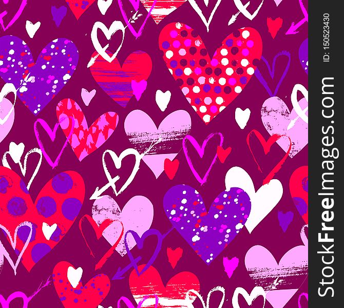 Vector seamless pattern with hand drawn hearts for Valentine day. Love background with doodle hearts, dots. Romantic hand drawn vector doodle Valentines day background. Colorful love texture with dots