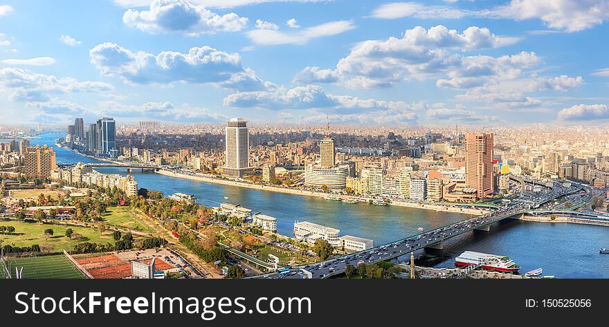 Cairo downtown panorama, view on the Nile and bridges