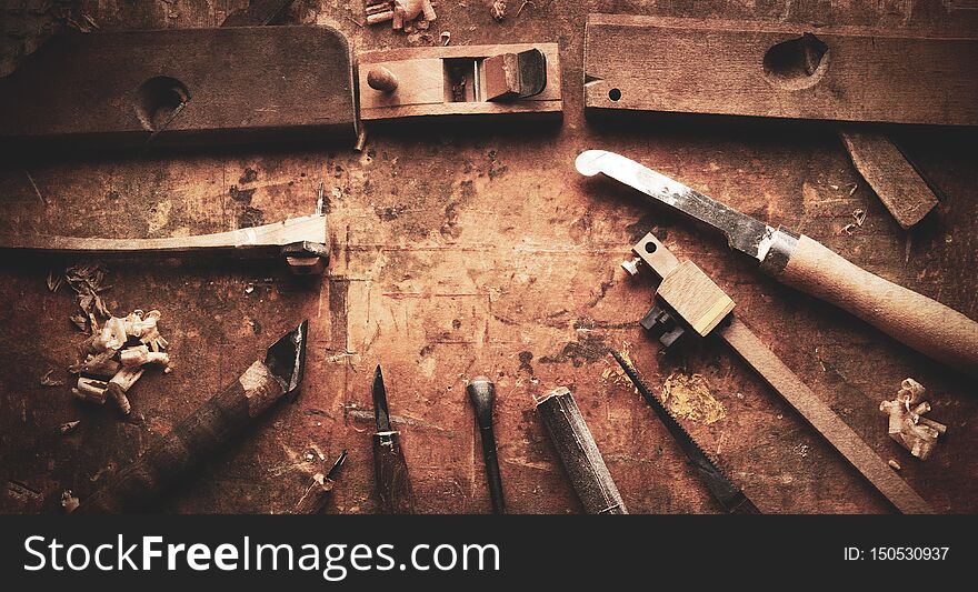 Hand Tools Wood On An Old Wooden Workbench