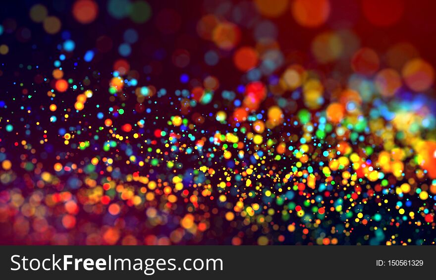 Cloud Of Multicolored Particles In The Air Like Sparkles On A Dark Background With Depth Of Field. Beautiful Bokeh Light