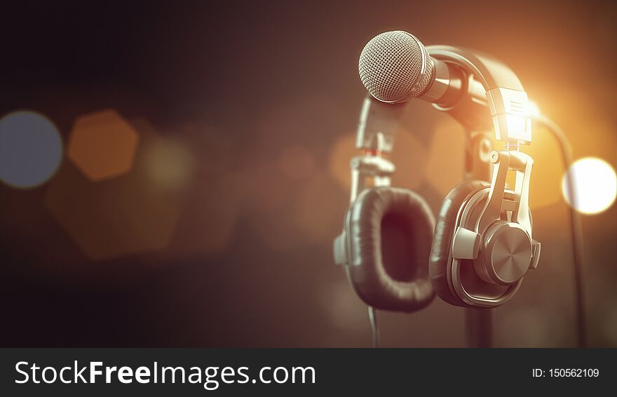 Microphone and headphones..Audio, music, multimedia background
