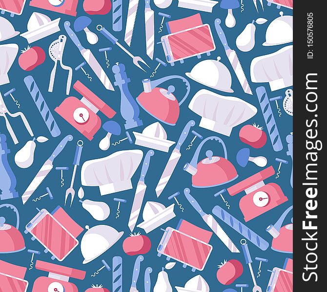 Seamless pattern in blue and pink colors dedicated to food, cooking art and chef profession. Flat objects, design good for kitchen