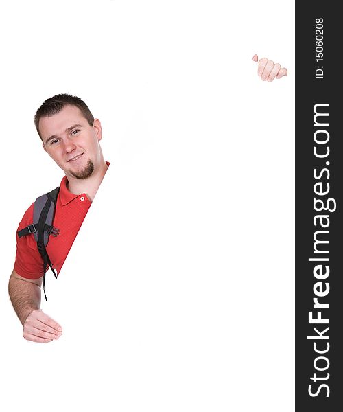 Young adult guy with board. over white background. Young adult guy with board. over white background