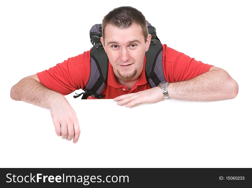 Young adult guy with board. over white background. Young adult guy with board. over white background