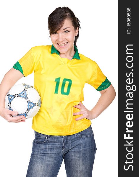 Young adult woman with ball. over white background. Young adult woman with ball. over white background