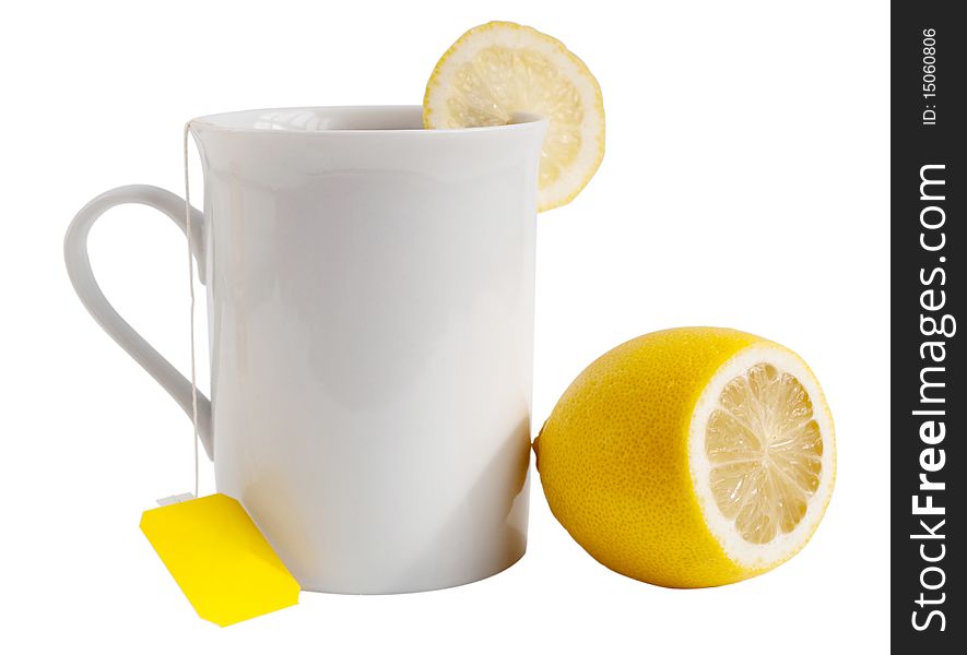 Tea with lemon on a white background